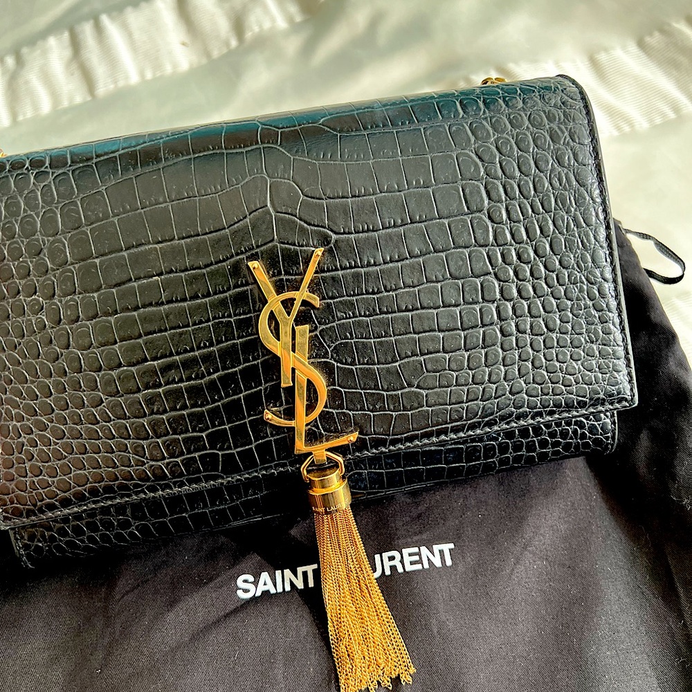Saint Laurent Monogram Kate Croc Tassel Medium Black